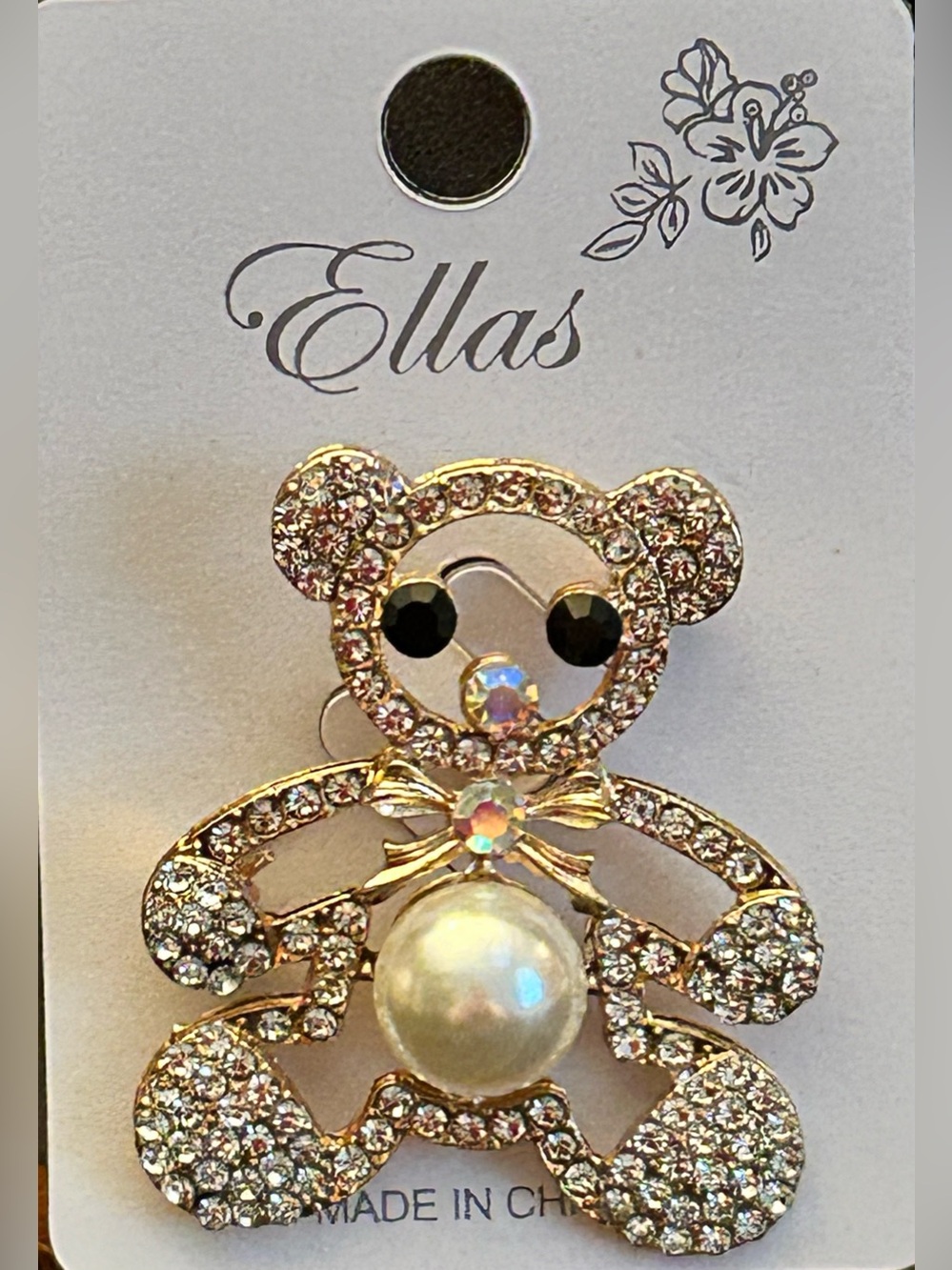 Ellas Gold & Crystal or Silver & Crystal Teddy Bear Brooch with Pearl Accent NWT